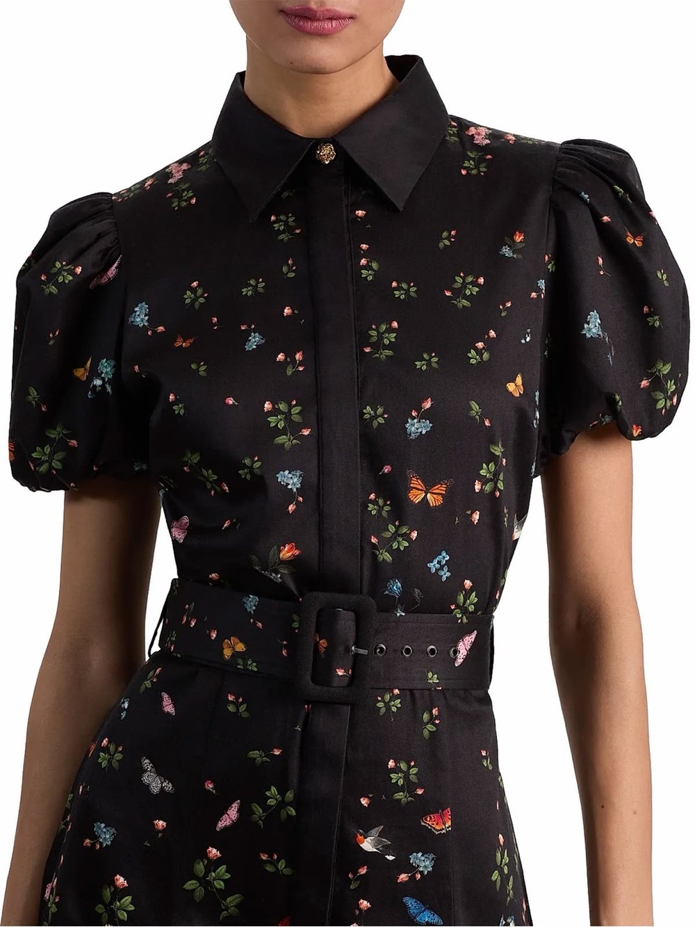 Alice + Olivia Black Floral & Butterfly Belted Puff-Sleeve Maxi Dress - Picture 4 of 6